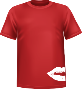Red t-shirt 100% cotton ATC with Valentine's day kiss draw on left bottom side - T-shirt KISS Valentine's day bott.left
