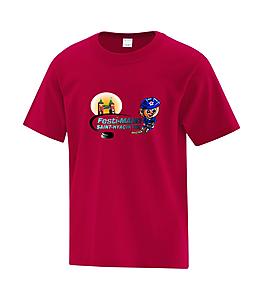 T-Shirt 100% coton rouge ATC avec logo Festi-Mahg de St-Hyacinthe enfant - T-shirt Phrase Saint-valentin devant centre